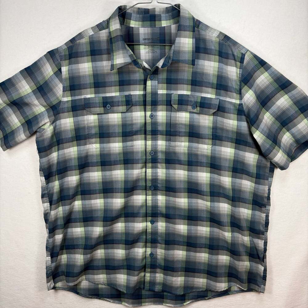 Swiss Tech Shirt Mens XL Blue Plaid Short Sleeve Stretch Button Up Pockets‎